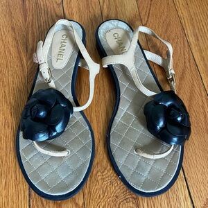 Chanel Black and Cream Women's Sandals
